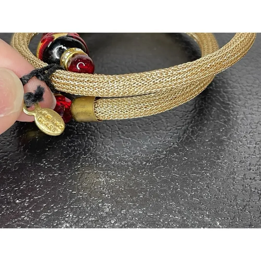 Vintage Stauer Murano Gold Mesh Wrap Bracelet Red Glass Beads Signed Italy